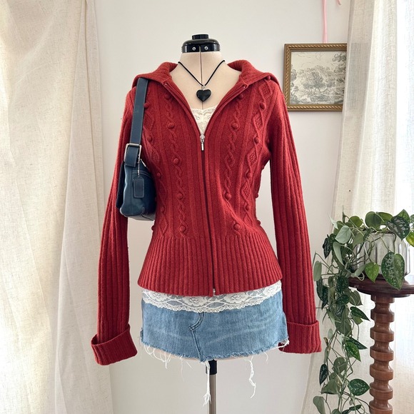 Carole Little Sweaters - Vintage y2k 90s Red Zip Up Cable Knit Sweater Medium Wool Grunge Goth Vamp